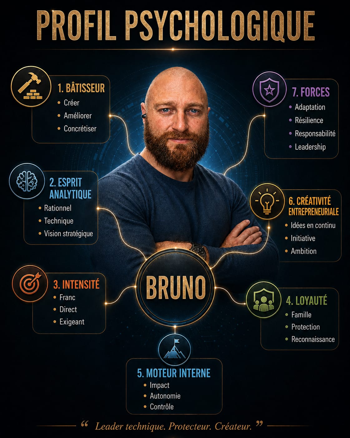 Infographie du profil psychologique de Bruno Vanhamme : bâtisseur, esprit analytique, intensité, loyauté, moteur interne, créativité entrepreneuriale et forces